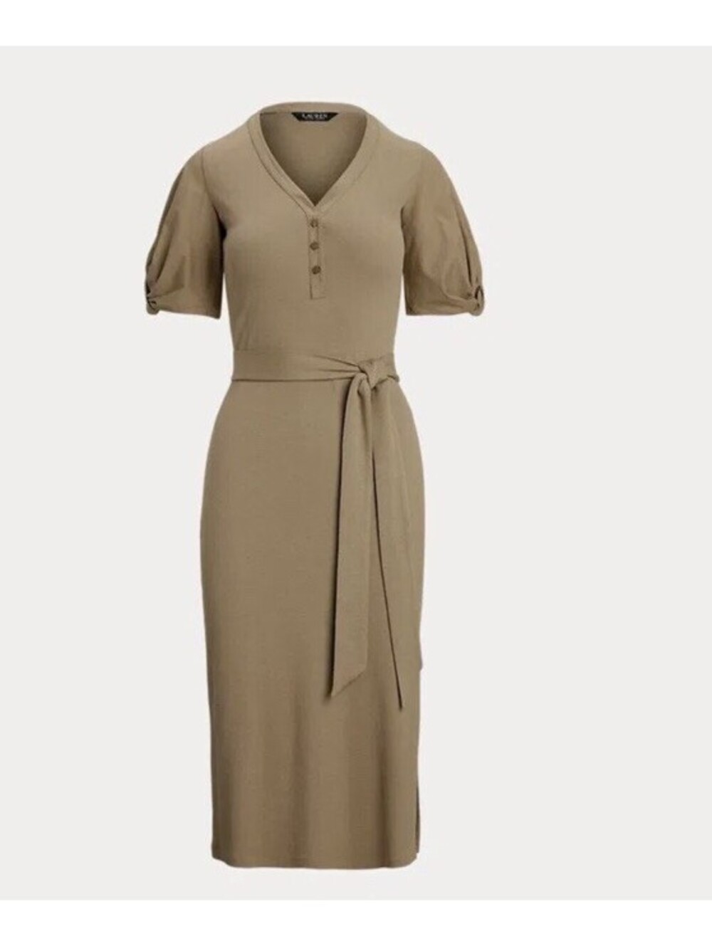 $165 Lauren Ralph Lauren Women's Belted Rib-Knit Puff-Sleeve Dress Tan Medium - Picture 4 of 15